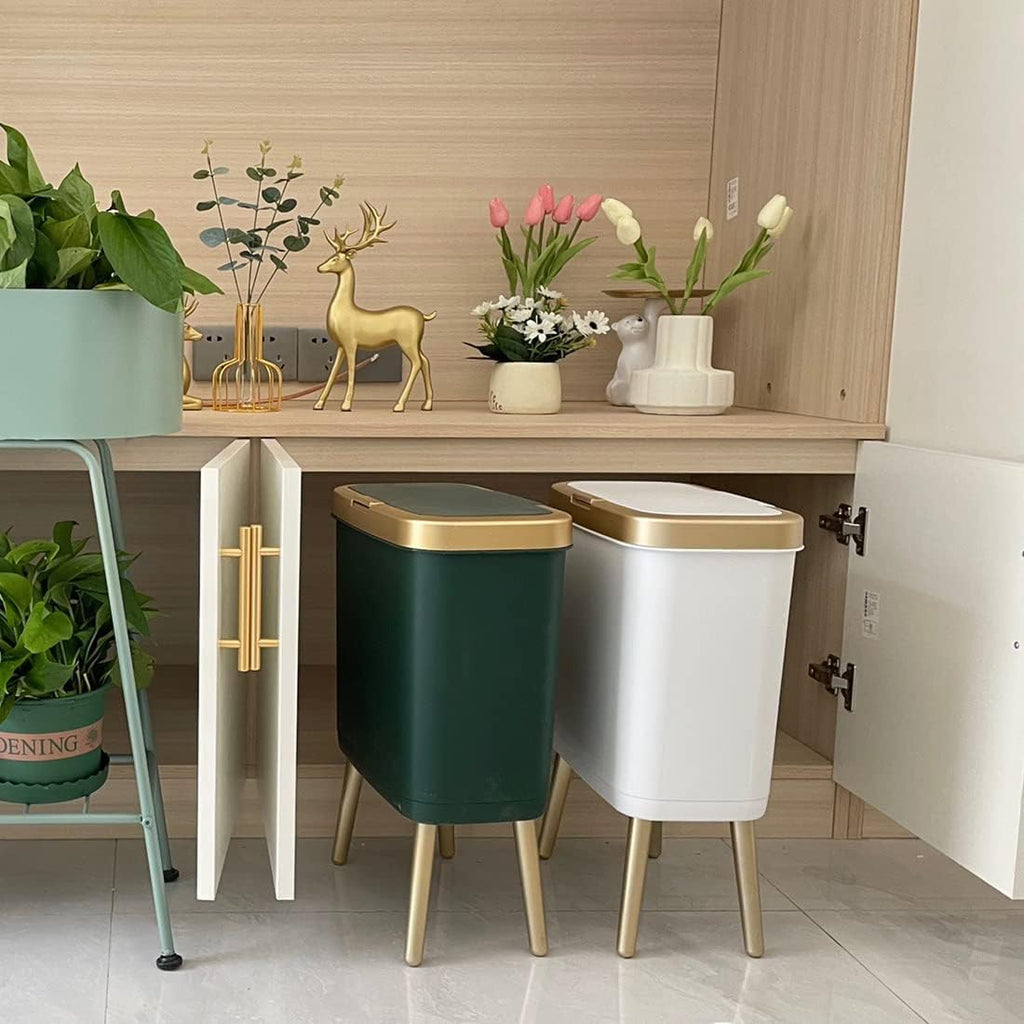 Procade Trash Can with Lid,Small Bathroom Garbage Can with Lid, Plastic Trash Can with Push Button,Narrow Waste Basket for Bedroom,Living Room, Toilet,Office,Kitchen,4 Gal-Gold Edge