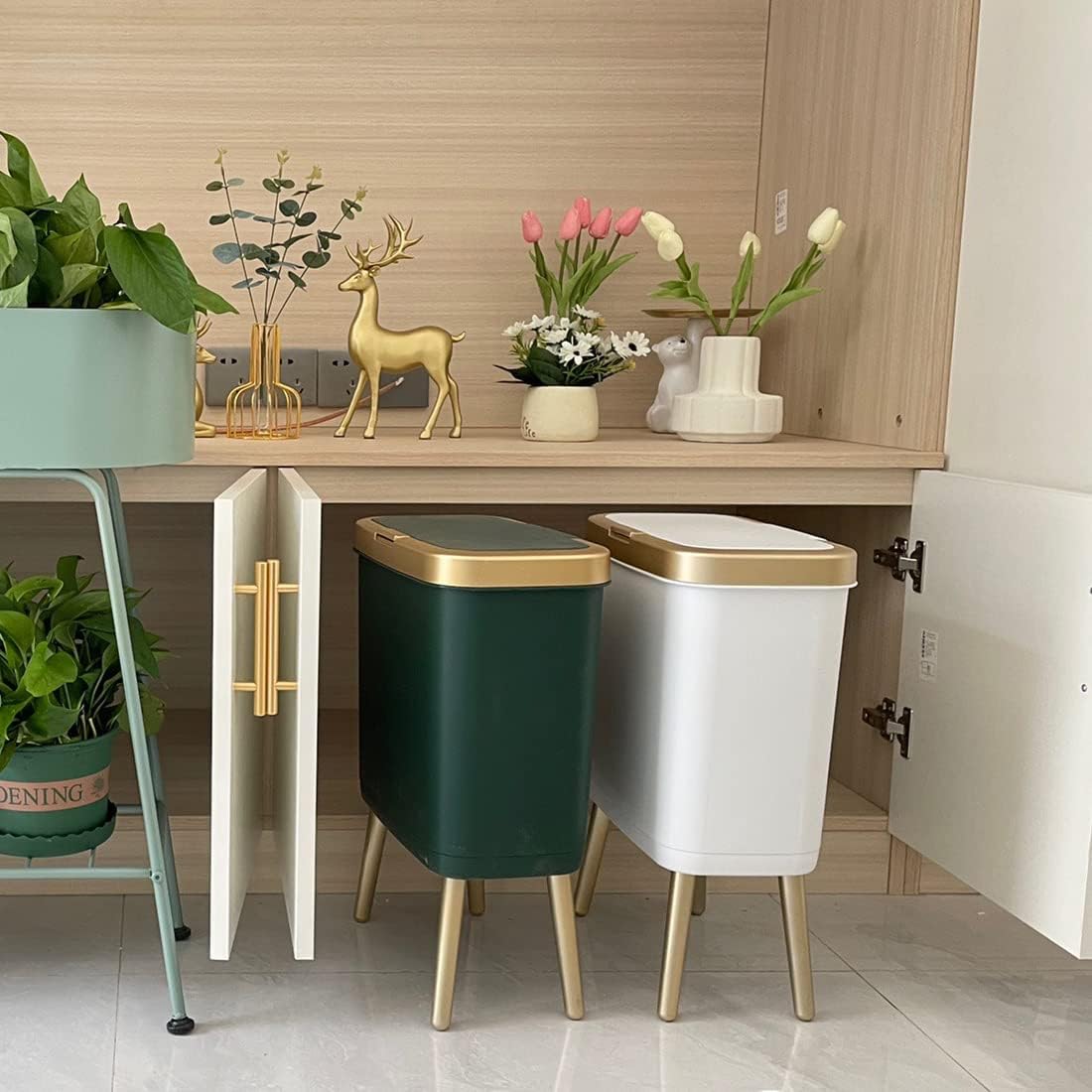 Procade Trash Can with Lid,Small Bathroom Garbage Can with Lid, Plastic Trash Can with Push Button,Narrow Waste Basket for Bedroom,Living Room, Toilet,Office,Kitchen,4 Gal-Gold Edge